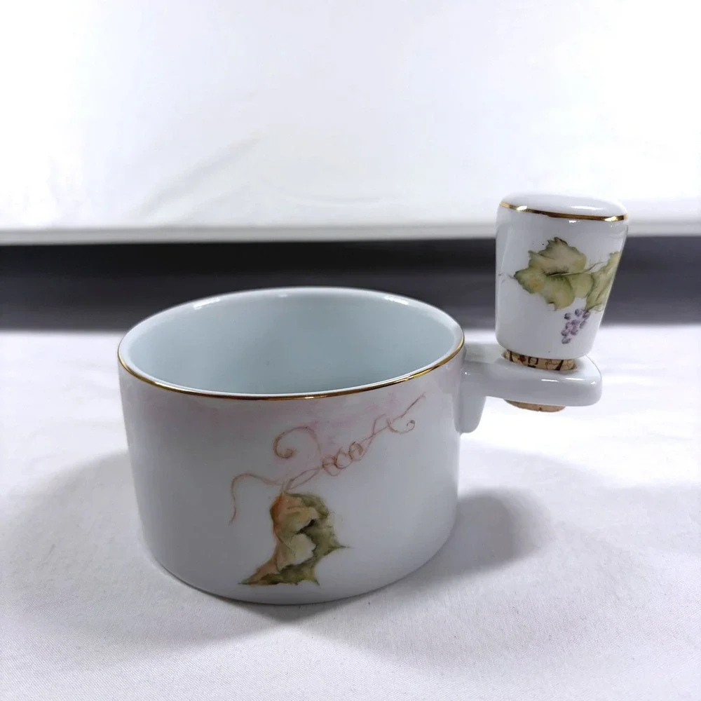 Hand Painted Porcelain Wine Coaster with Matching Grape Vine Cork Stopper Rare